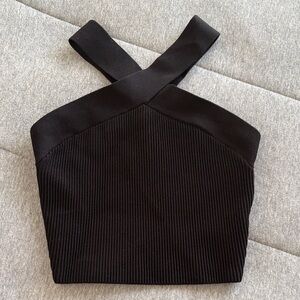 Babaton Black Ribbed Cross-Strap Crop Top 9 inches